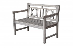 Veranda reclaimed teak garden bench with circular pattern backrest and weathered grey finish