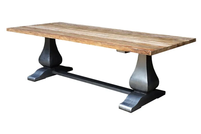 The Prato dining table, featuring a solid reclaimed teak wood top and sturdy iron legs, manufactured by Permata Furni, an Indonesia teak furniture exporter.