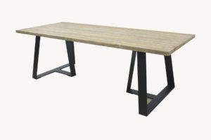 Modern teak dining table with U-shaped black iron legs