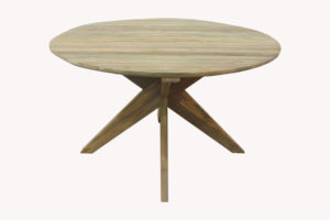 Round teak dining table with natural finish