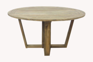 FSC-certified round teak dining table with U-shaped cross-leg