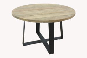 High-quality recycled teak round dining table with black iron legs