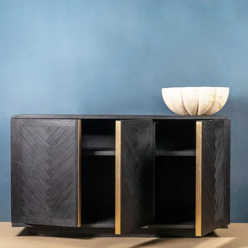 Semeru Reclaimed Teak Herringbone Mosaic Sideboard with three doors open by RecycleTeak, Black Fume finish, 220×100×78 cm — wholesale commercial furniture from Indonesia