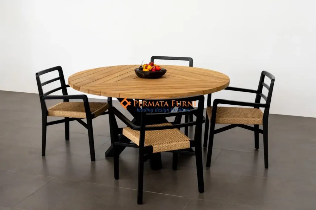 Round Teak Table with Black Cross-Shaped Legs