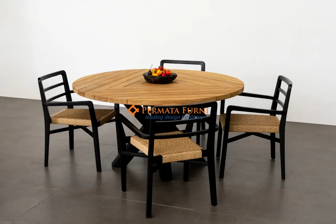 Round Teak Table with Black Cross-Shaped Legs