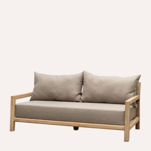 Straight front view of the Permata Furni Amadeus Reclaimed Teak 2-Seater Outdoor Sofa, highlighting its clean lines and comfortable cushions, suitable for B2B outdoor spaces