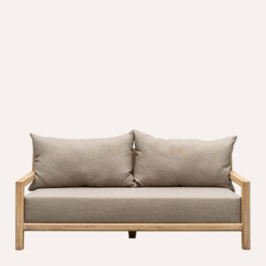 Front angled view of the Permata Furni Amadeus Reclaimed Teak 2-Seater Outdoor Sofa, with beige cushions, showcasing its robust design for commercial use