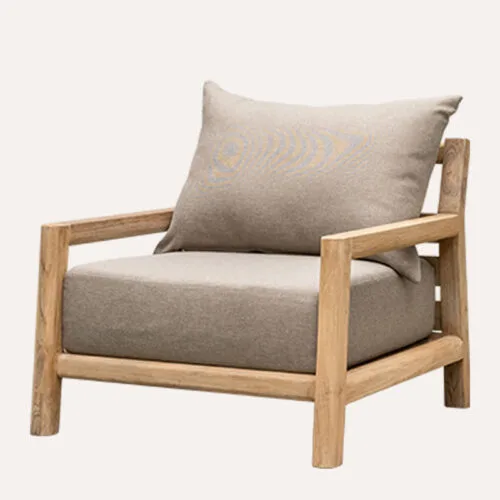 Straight front view of the Permata Furni Amadeus Reclaimed Teak Outdoor Armchair, emphasizing its generous seating and minimalist design for commercial lounge areas