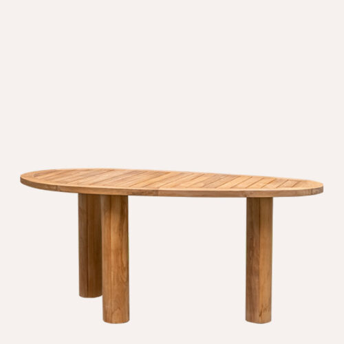 Side view of the Arteta Reclaimed Teak Oval Outdoor Dining Table, showcasing the durable FSC-certified reclaimed teak wood construction and sturdy legs, perfect for hospitality and B2B projects