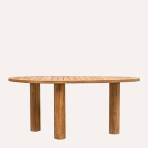 Front view of the Arteta Reclaimed Teak Oval Outdoor Dining Table by Permata Furni, showing the slatted oval top and four cylindrical legs, ideal for commercial outdoor settings