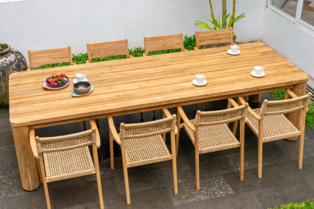 Mesa de comedor para exterior de teca reciclada con sillas a juego, un conjunto de mobiliario sostenible perfecto para terrazas de hotel o restaurante.