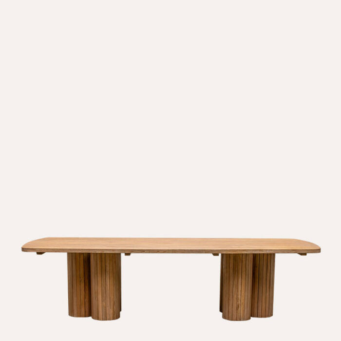 Front view of the Permata Furni Nexx Reclaimed Teak Rectangular Outdoor Dining Table, showcasing the smooth wooden top and unique fluted cylindrical legs, ideal for commercial outdoor settings