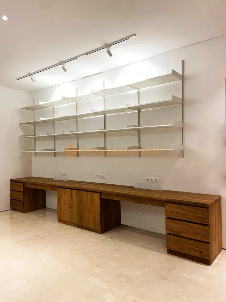 Custom modern minimalist desk and shelving made from recycled teak wood in AA House, Cinere, Depok