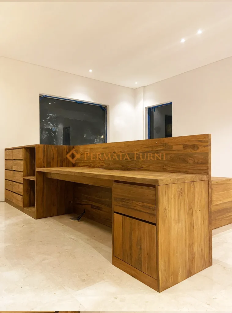 Custom modern minimalist desk and cabinetry made from recycled teak wood, designed by Permata Furni for a Cinere Depok interior project in 2025