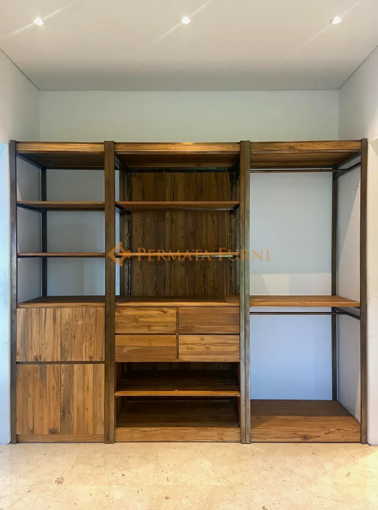 Custom-built modern minimalist wardrobe made from recycled teak wood, featuring shelving, drawers, and storage units by Permata Furni in Cinere, Depok 2025
