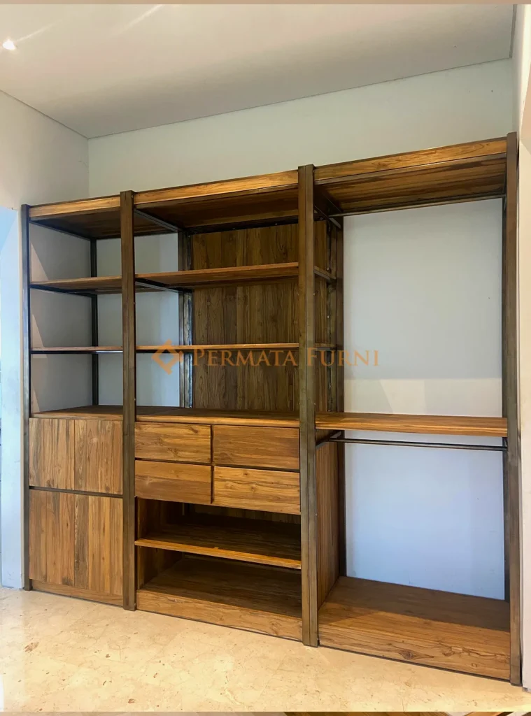 Custom wardrobe made from recycled teak wood with minimalist modern design, featuring open shelves, drawers, and hanging space, project by Permata Furni in Cinere, Depok
