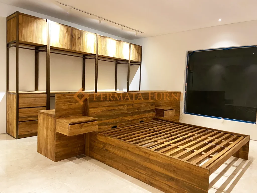 Custom minimalist bedroom interior featuring recycled teak wood bed, cabinets, and wardrobes with a warm natural finish in Cinere Depok 2025
