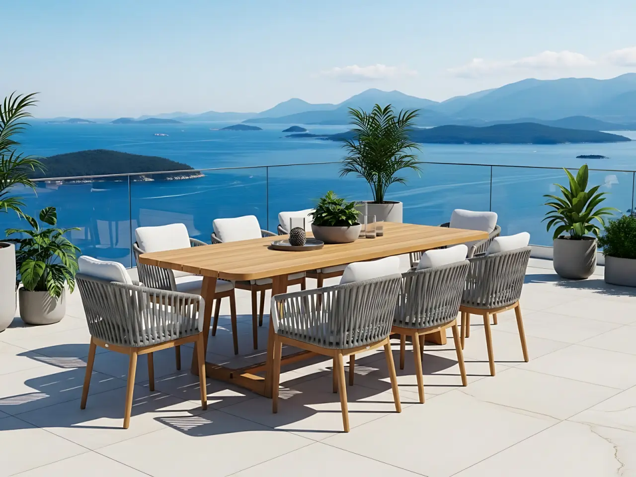 Elegante conjunto de comedor de exterior con mesa de teca maciza y sillas de cuerda gris moderna en una terraza con vista al mar, fabricado por Permata Furni