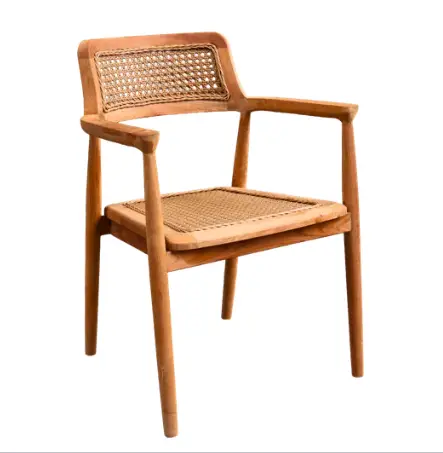 Alexander reclaimed teak and rattan chair with handwoven rattan seat and backrest and integrated teak armrests