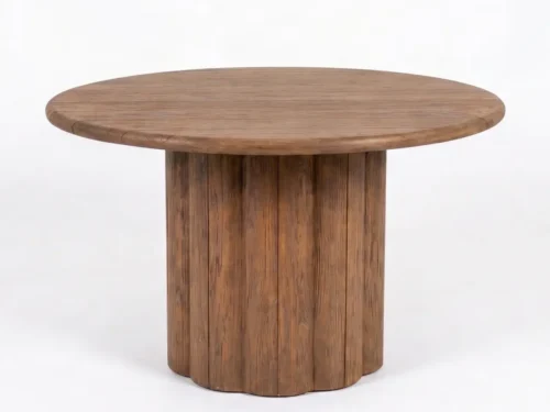 Alila reclaimed teak round dining table with fluted scalloped cylindrical pedestal base and warm honey-brown finish