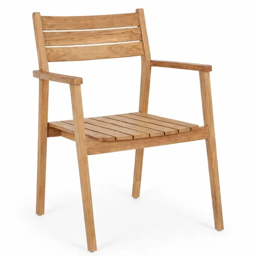 Alona reclaimed teak outdoor dining chair with slatted seat and curved three-slat backrest