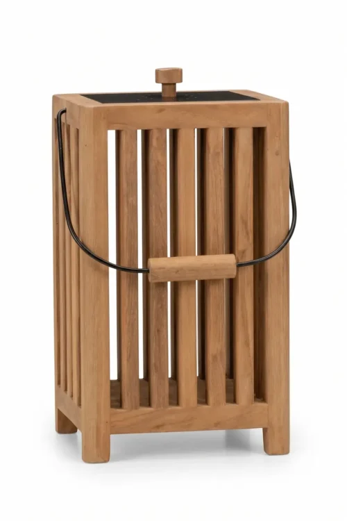 Arta reclaimed teak outdoor lantern by Permata Furni - slatted teak cage frame with arched black iron carry handle and removable lidded top