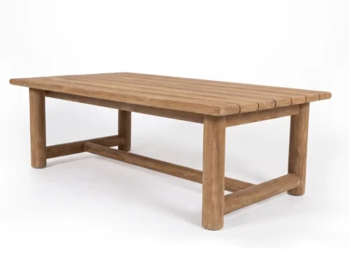 Amadeus Reclaimed Teak Coffee Table – wide rectangular planked top with chunky round legs and H-shaped cross-stretcher