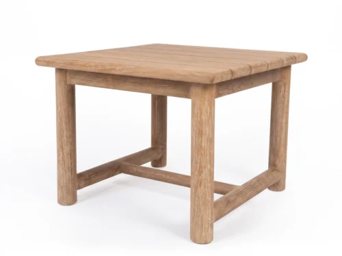Amadeus Reclaimed Teak Side Table – square planked top with chunky round legs and H-shaped cross-stretcher