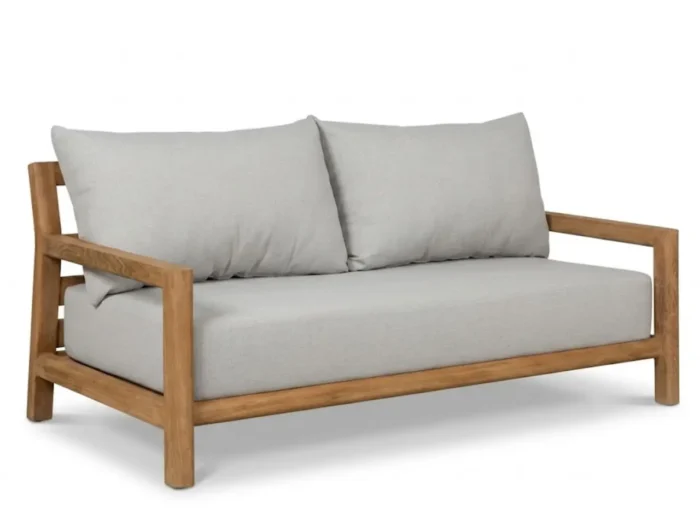 Amadeus reclaimed teak 2-seater sofa with light grey cushions and honey-blonde open teak frame