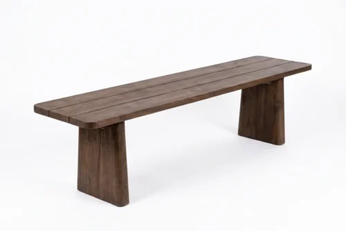 Enora reclaimed teak dining bench with wide slatted plank seat and twin trapezoid block bases, dark smoked-brown finish, 240 cm