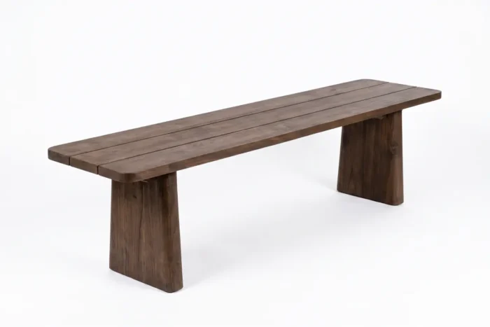 Enora reclaimed teak dining bench with wide slatted plank seat and twin trapezoid block bases, dark smoked-brown finish, 240 cm