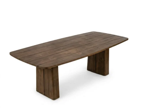 Enora reclaimed teak dining table with wide slatted planks and twin trestle block bases, dark smoked-brown finish, 240 cm