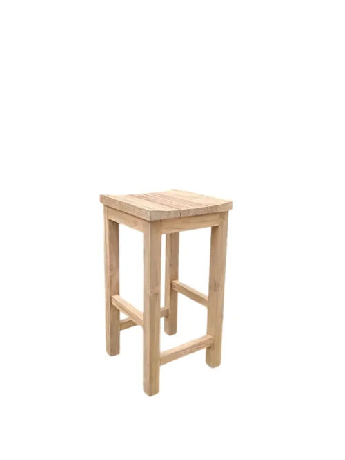 Heritage reclaimed teak bar stool with square slatted seat and H-stretcher footrest, 40 × 40 × 75 cm