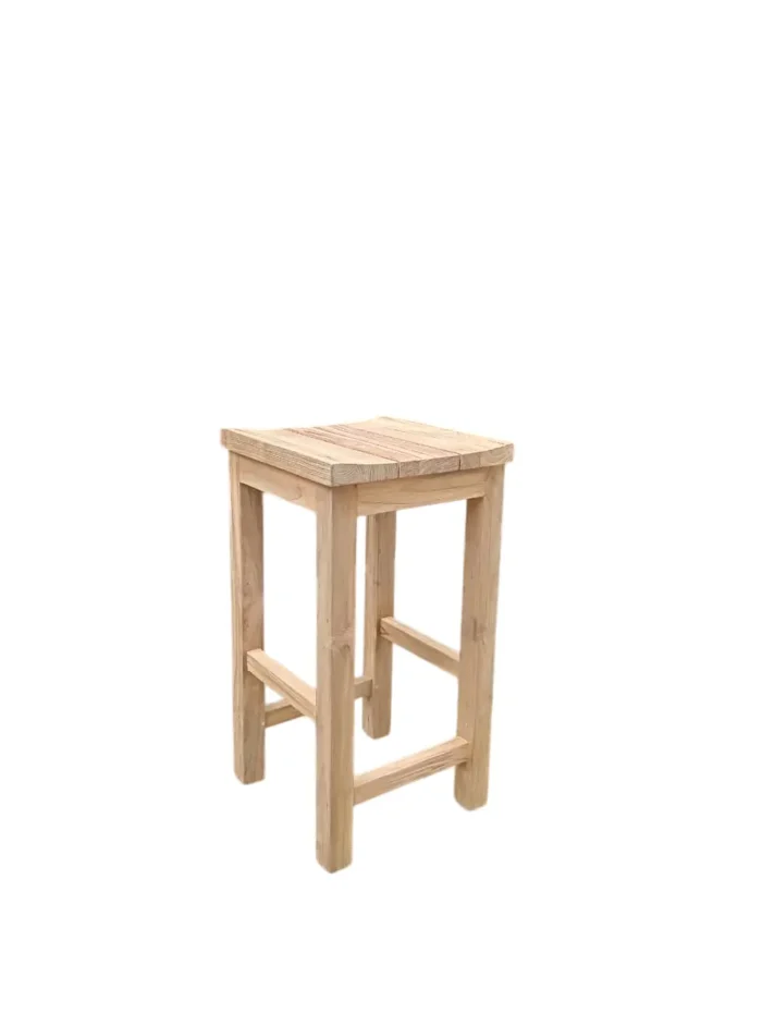 Heritage reclaimed teak bar stool with square slatted seat and H-stretcher footrest, 40 × 40 × 75 cm