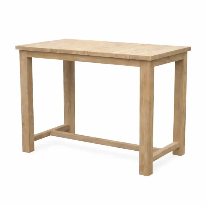 Heritage reclaimed teak bar table with square legs and H-stretcher base, 120 × 70 × 105 cm
