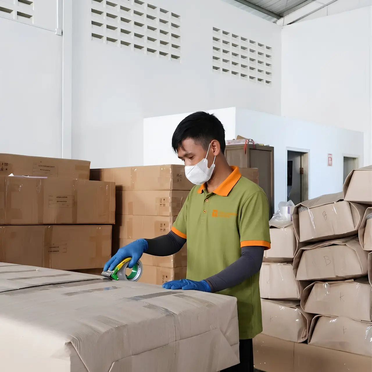 Worker packing reclaimed teak furniture for export at an Indonesian furniture factory