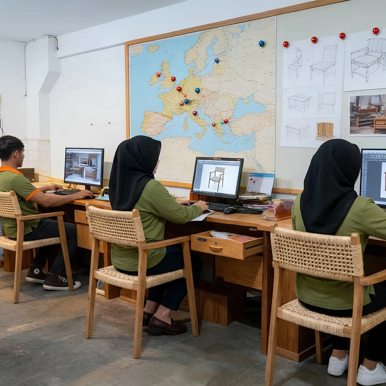 PPIC team planning reclaimed teak furniture production and design at an Indonesian furniture factory