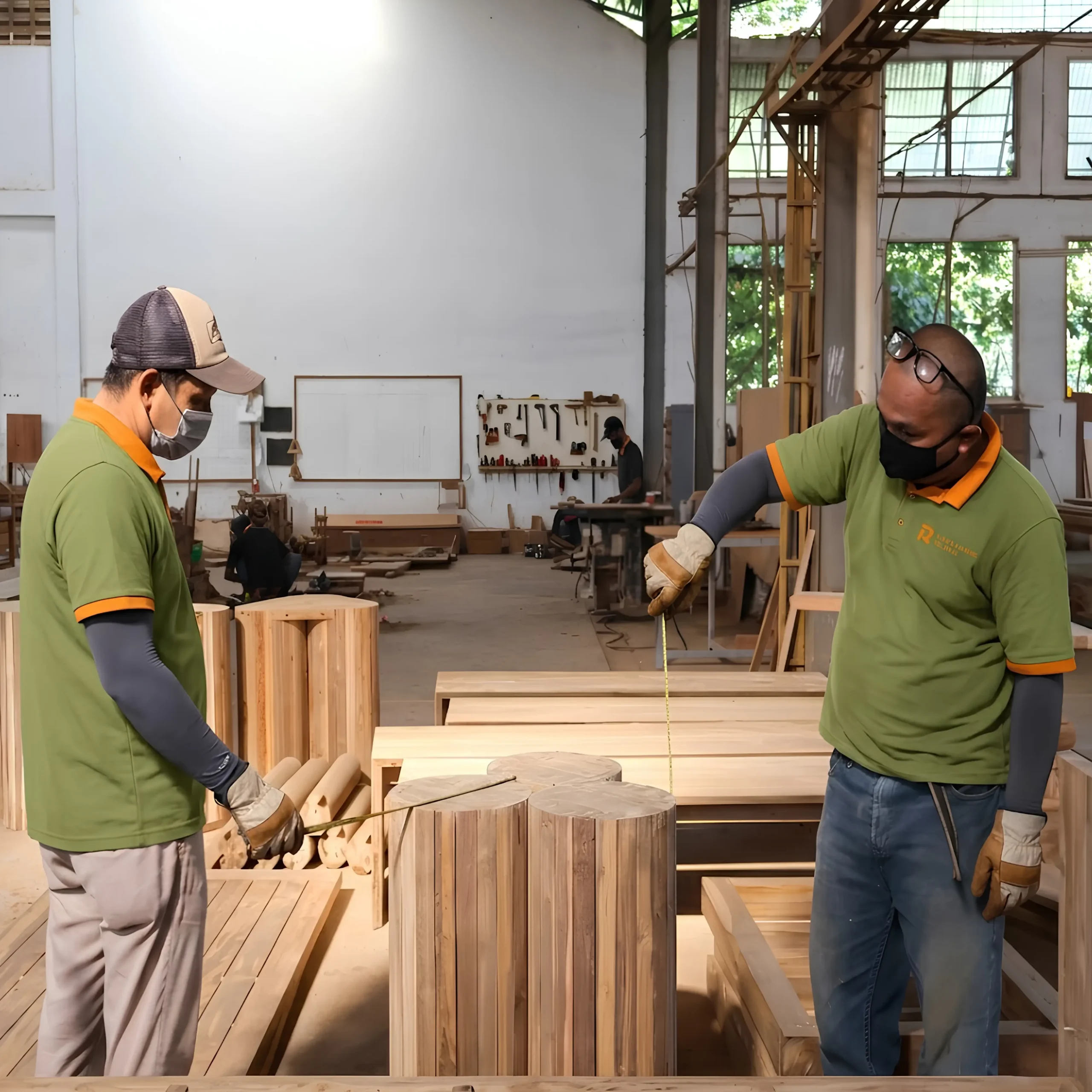 Workers checking reclaimed teak furniture dimensions during quality control at an Indonesian furniture factory