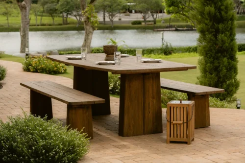 Reclaimed teak outdoor dining table with bench set for resort garden area