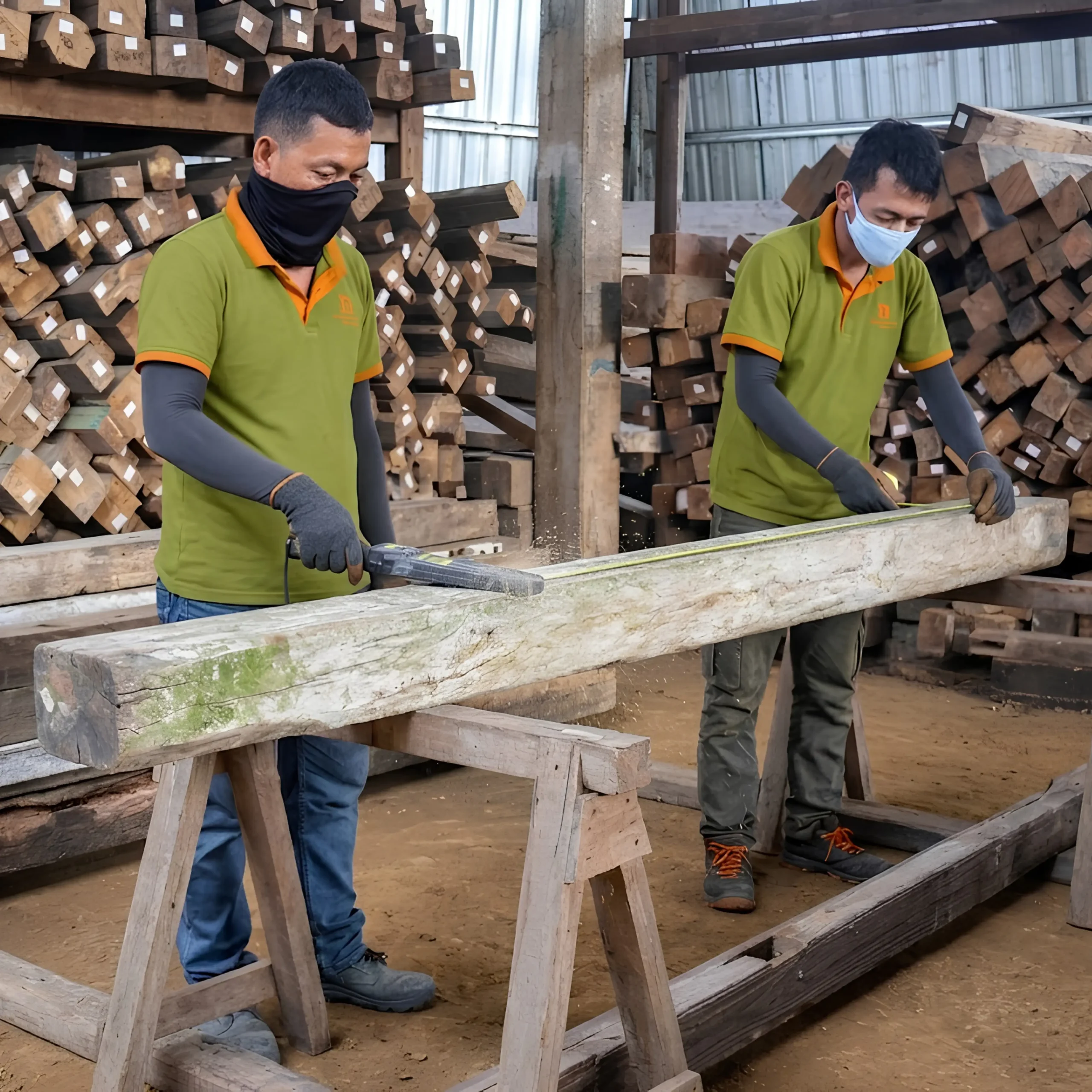 Workers measuring reclaimed teak wood stock at a furniture factory in Indonesia