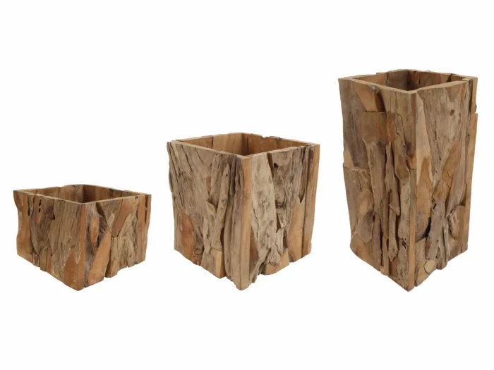 Teak Square Planter set in reclaimed teak root and bark, three sizes, by RecycleTeak