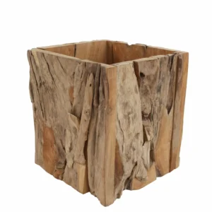 Teak Square Planter, size M, reclaimed teak root and bark cladding, by RecycleTeak