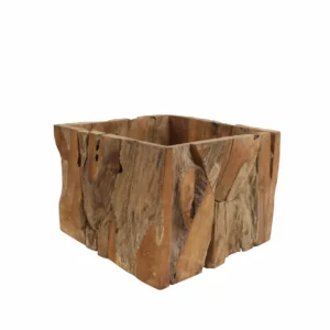 Teak Square Planter, size S, reclaimed teak root and bark cladding, by RecycleTeak