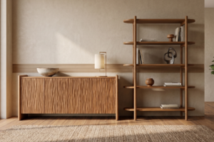 Amerta Sideboard and Chaga Etagere reclaimed teak furniture styled together in a living room