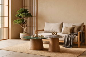 Batur Coffee Table size L in green marble and size M in grey marble styled together
