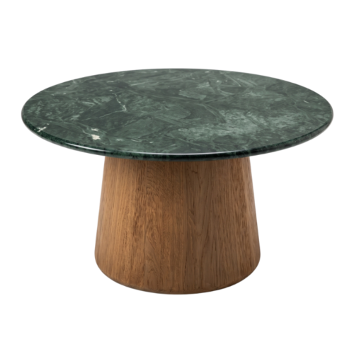 Batur Coffee Table with round green marble top and tapered reclaimed teak base