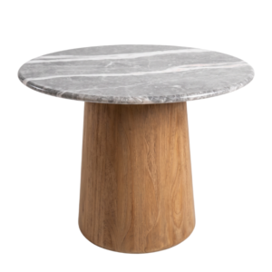 Batur Coffee Table size M with round grey marble top and tapered reclaimed teak base