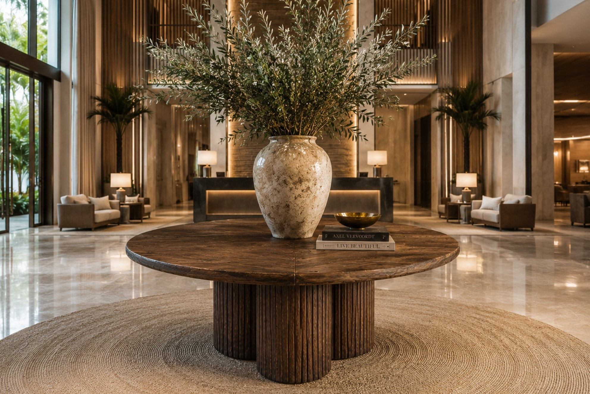 Borneo Round Table, reclaimed teak outdoor dining table at a hotel