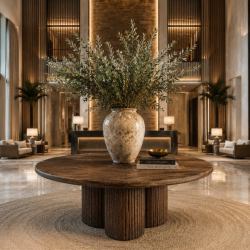 Borneo Round Table, 220cm reclaimed teak table with fluted pedestal base in a luxury hotel lobby