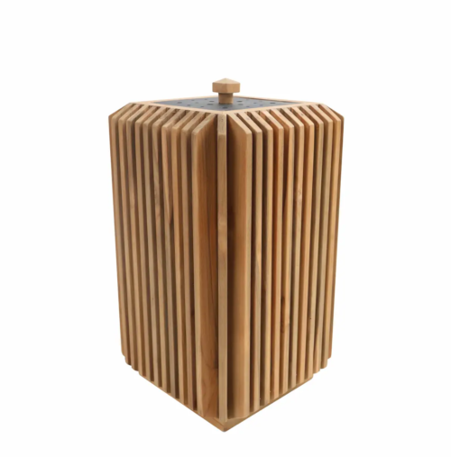 Lume Lantern, teak slat candle lantern with perforated metal top, Natural finish